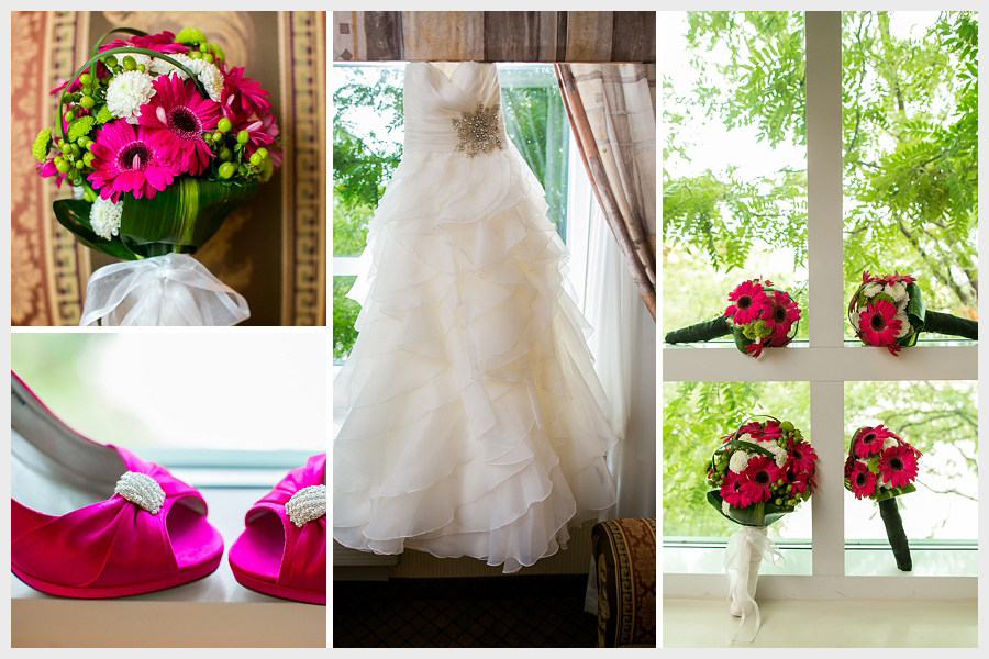 A bride's dress, flowers, and shoes